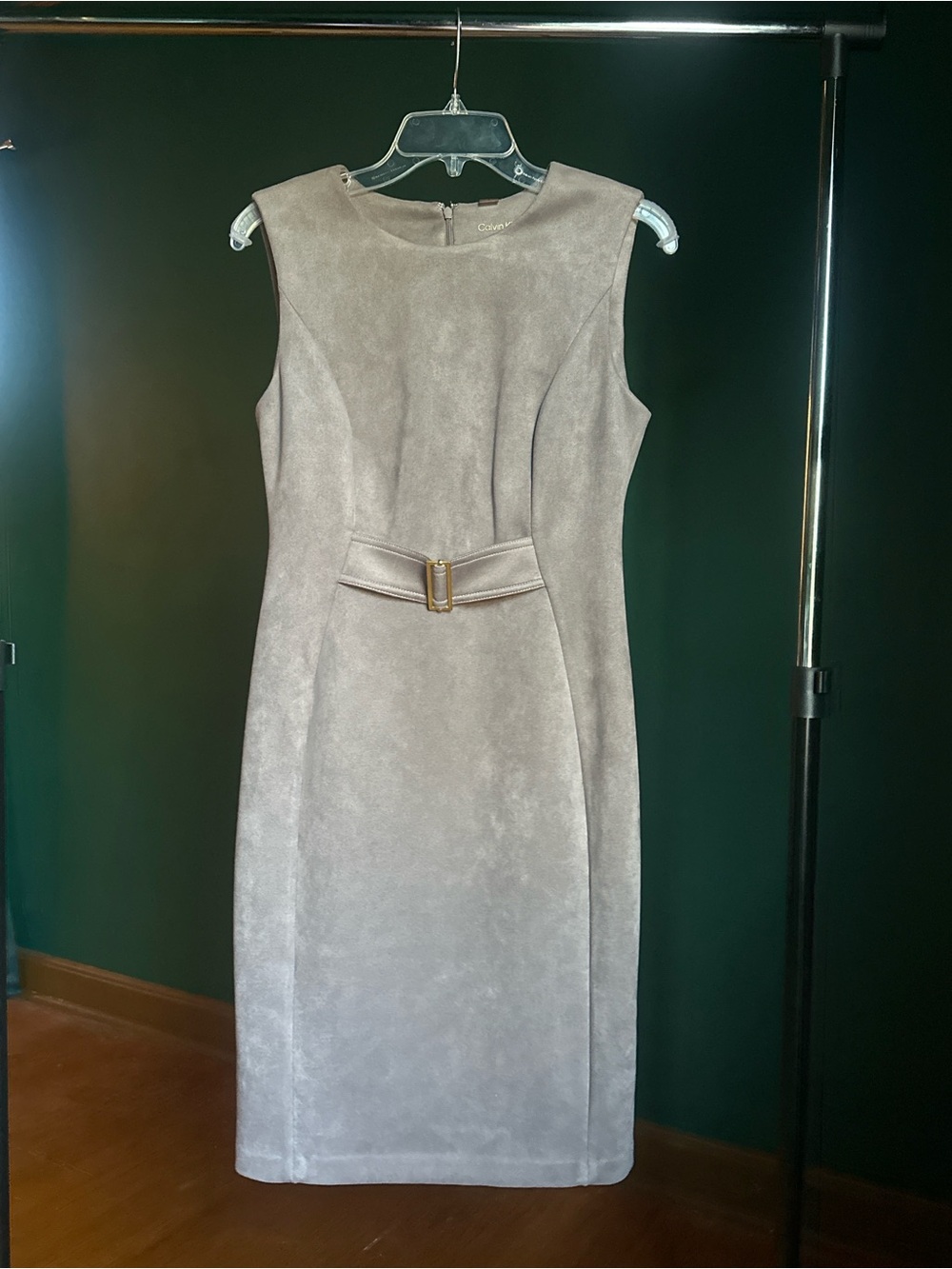 Calvin Klein Taupe Suede-Look Sleeveless Sheath Dress with Gold Buckle